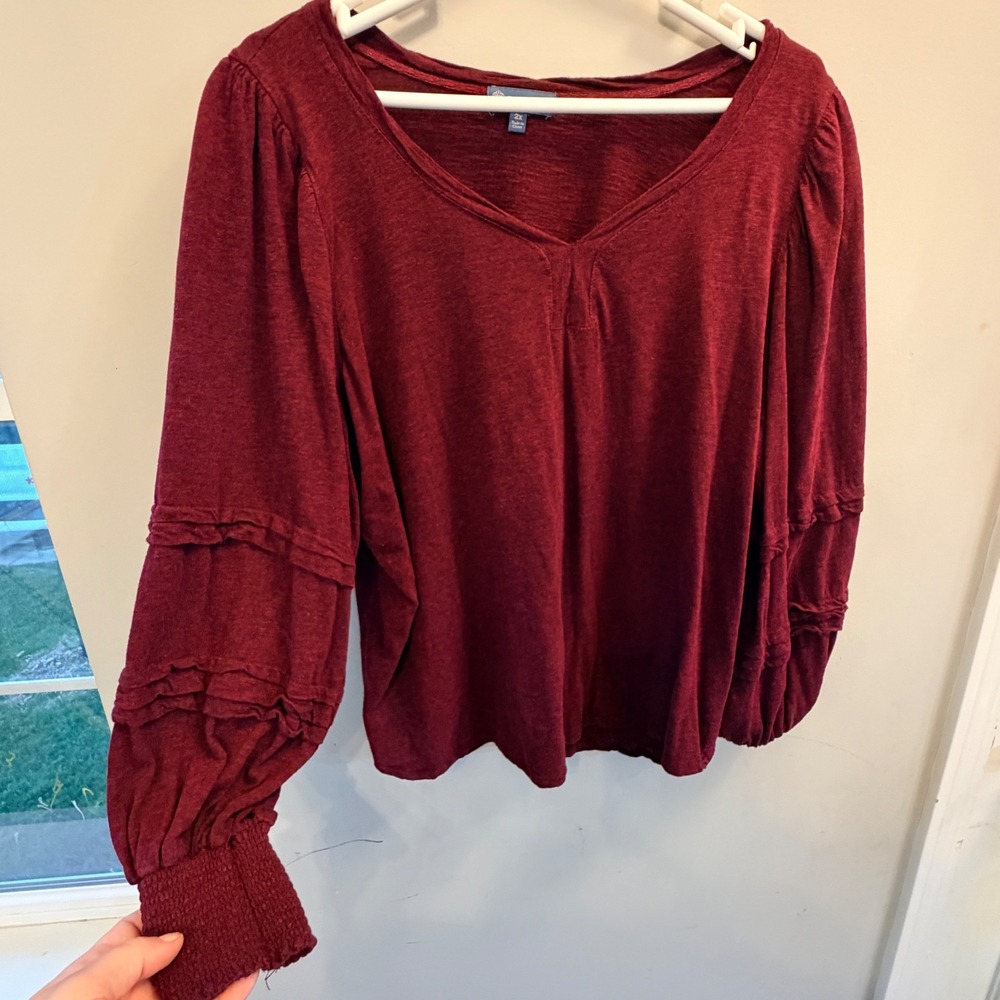 Democracy Ruffle Sleeve V Neck Top Womens 2X Burgundy Boho Whimsigoth Comfy